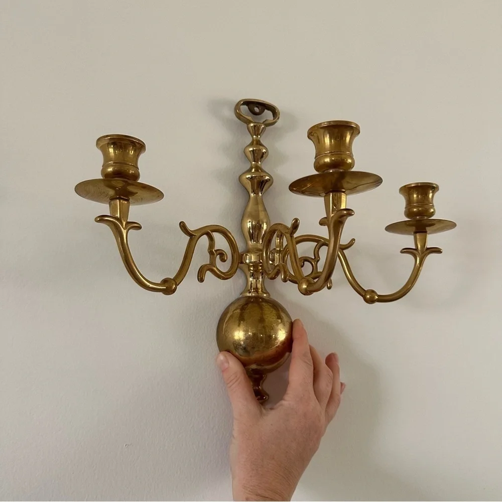 Vintage Solid Brass Three Candle Holders Wall Mount 2 As Set